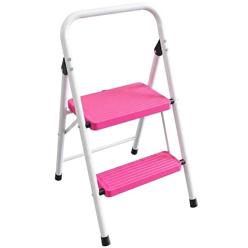 2 Step Stool Folding Anti-Slip Lightweight Steel 330LBS Pink V9092