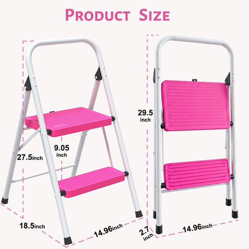 2 Step Stool Folding Anti-Slip Lightweight Steel 330LBS Pink V9092