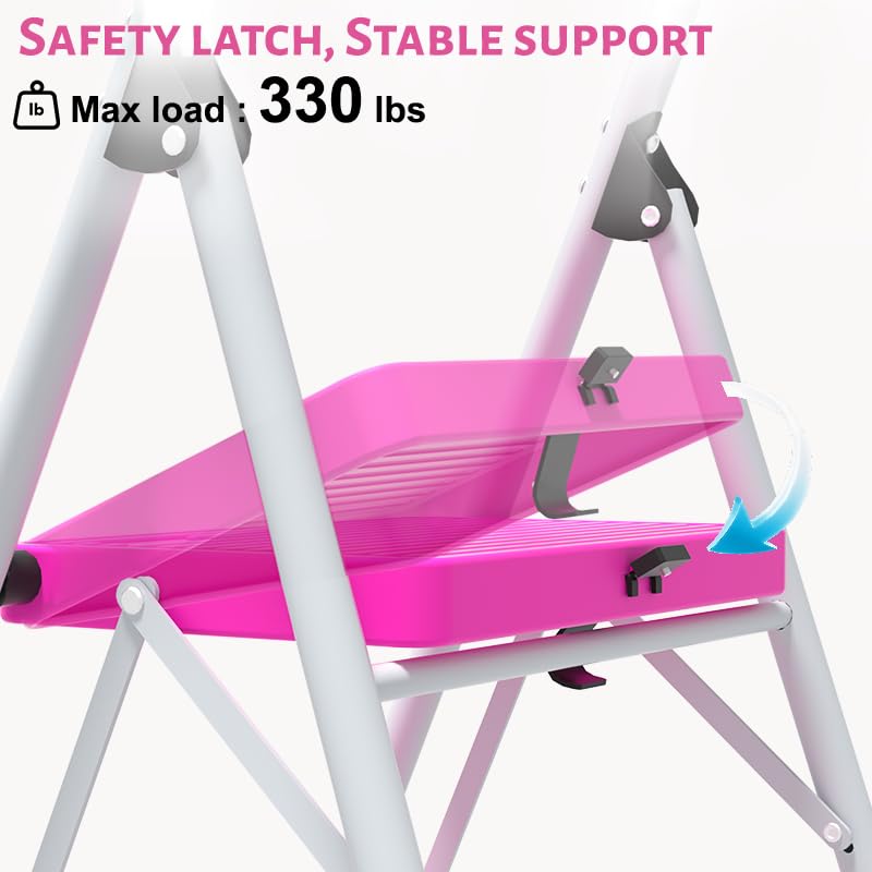 2 Step Stool Folding Anti-Slip Lightweight Steel 330LBS Pink V9092