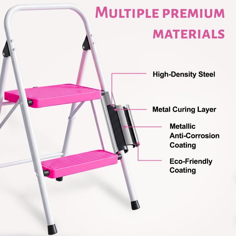 2 Step Stool Folding Anti-Slip Lightweight Steel 330LBS Pink V9092