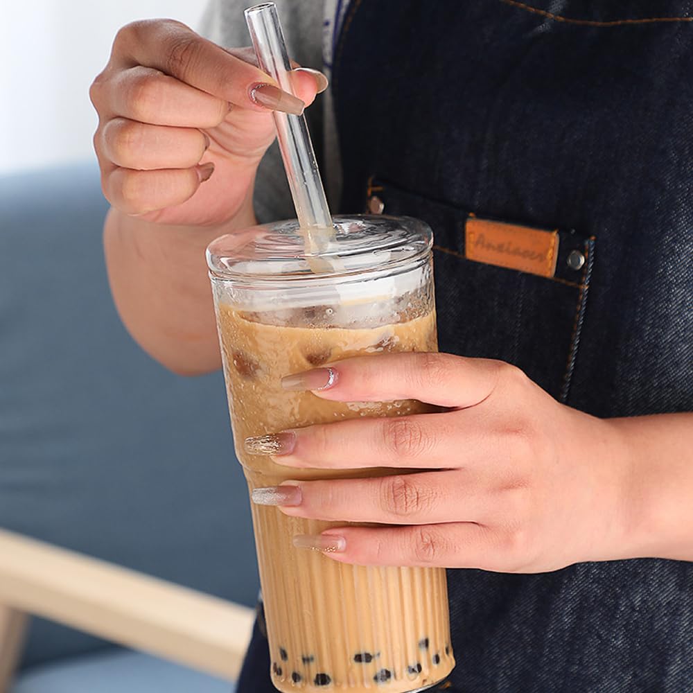2Pcs 22oz Glass Cups with Lids and Straws D164063