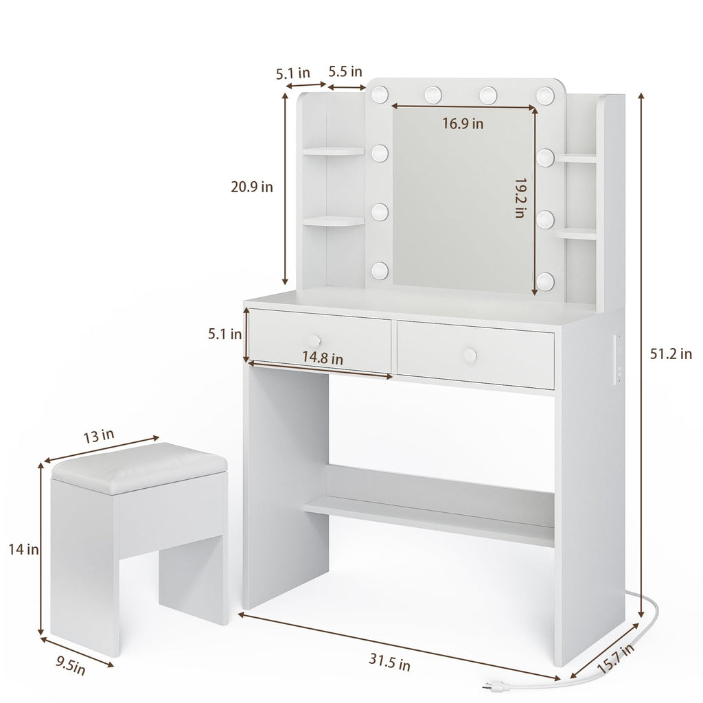 White Makeup Vanity Desk with Lighted Mirror and Chair Set C261600