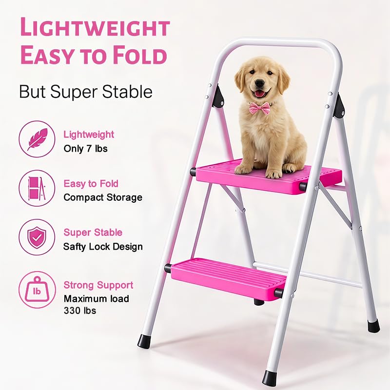 2 Step Stool Folding Anti-Slip Lightweight Steel 330LBS Pink V9092