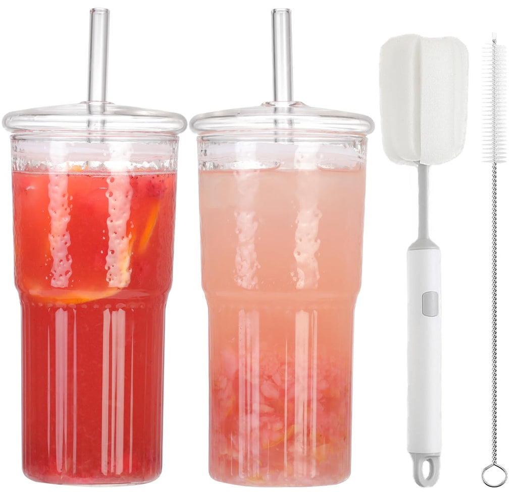 2Pcs 22oz Glass Cups with Lids and Straws D164063