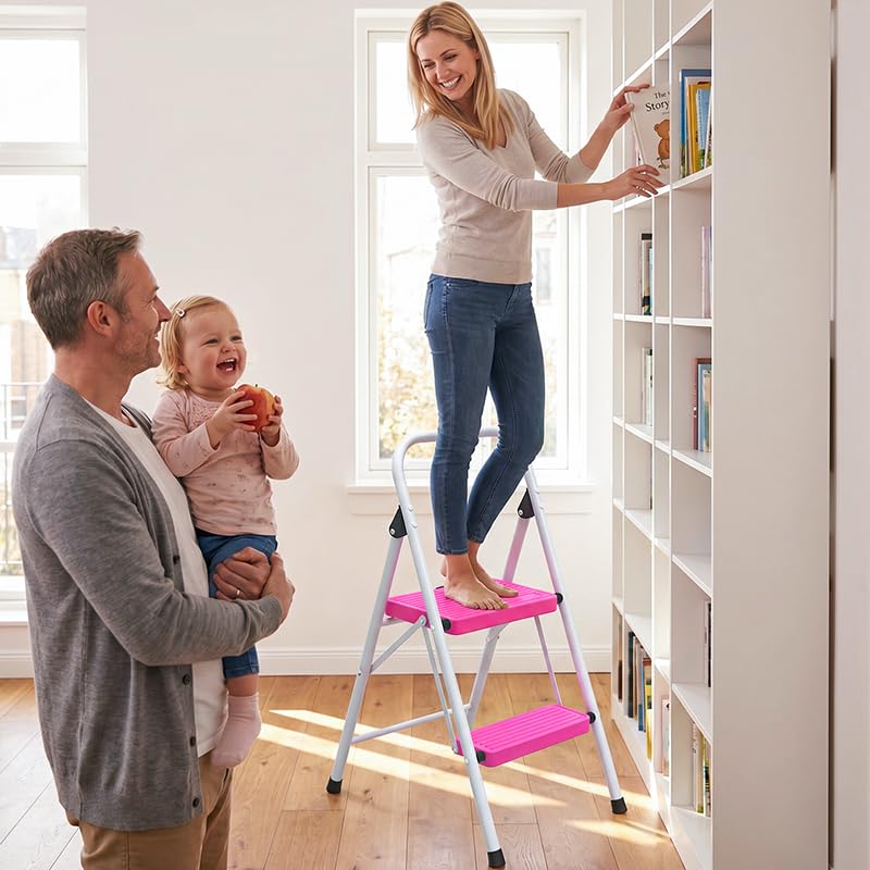 2 Step Stool Folding Anti-Slip Lightweight Steel 330LBS Pink V9092