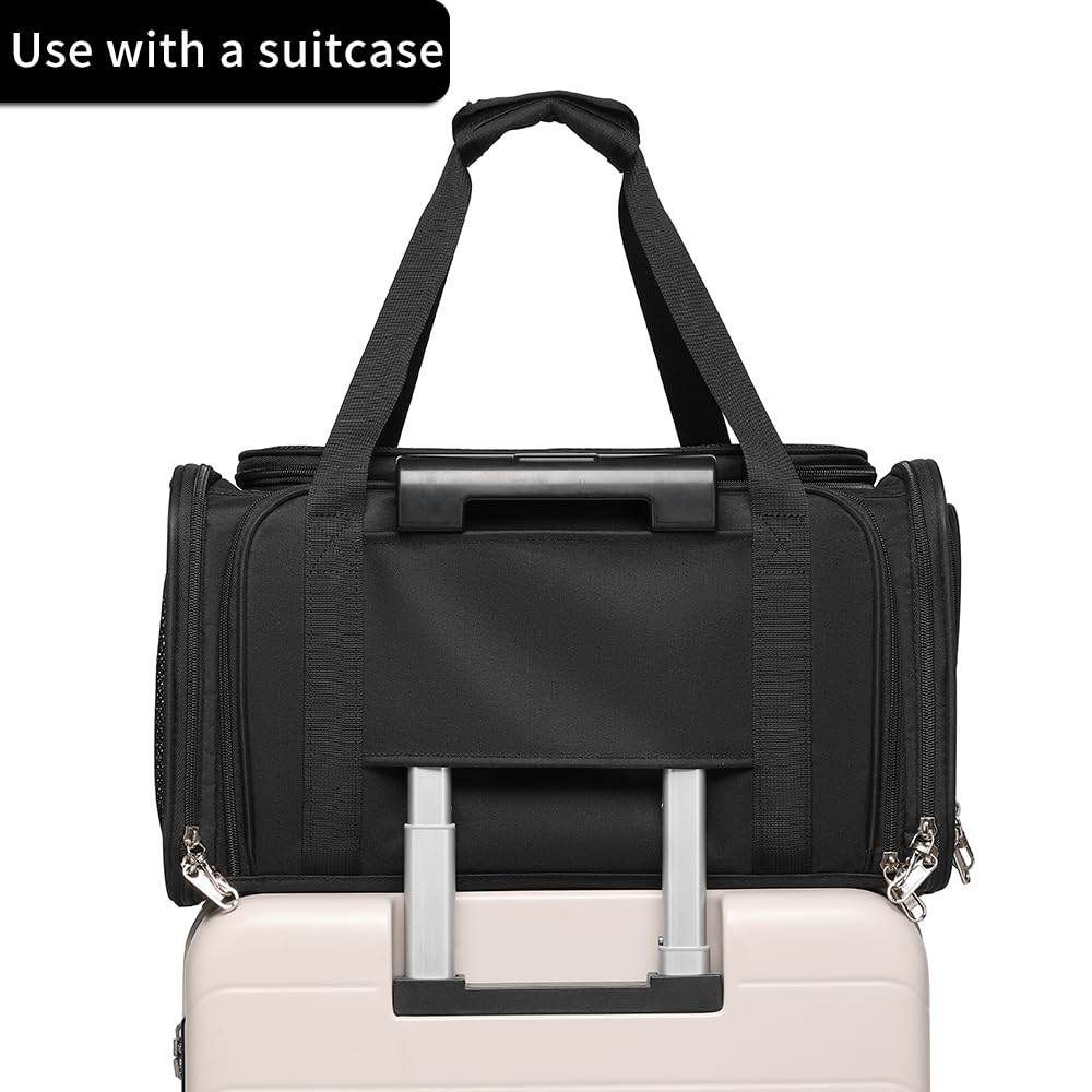 Airline Approved Pet Carrier for Cats and Small Dogs up to 15 lbs, Breathable Mesh, Portable Travel Bag (Black, Expandable) W389