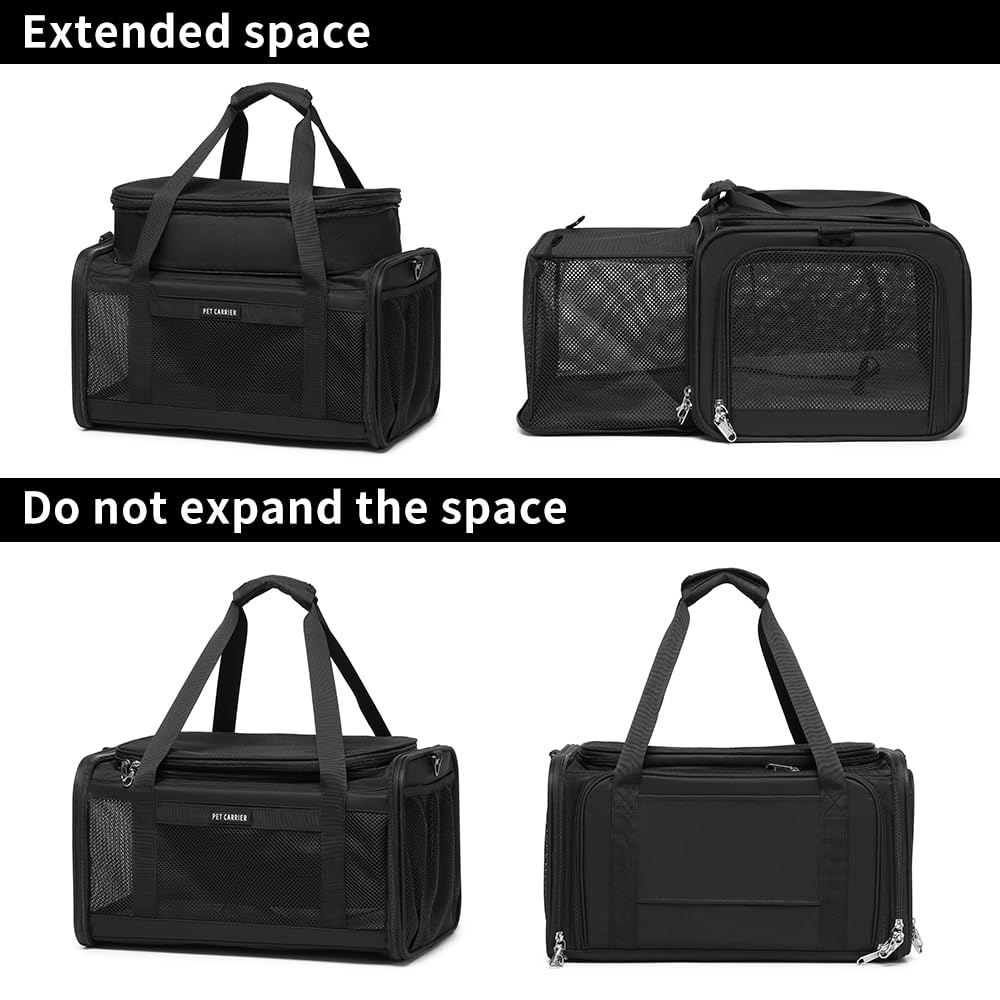 Airline Approved Pet Carrier for Cats and Small Dogs up to 15 lbs, Breathable Mesh, Portable Travel Bag (Black, Expandable) W389