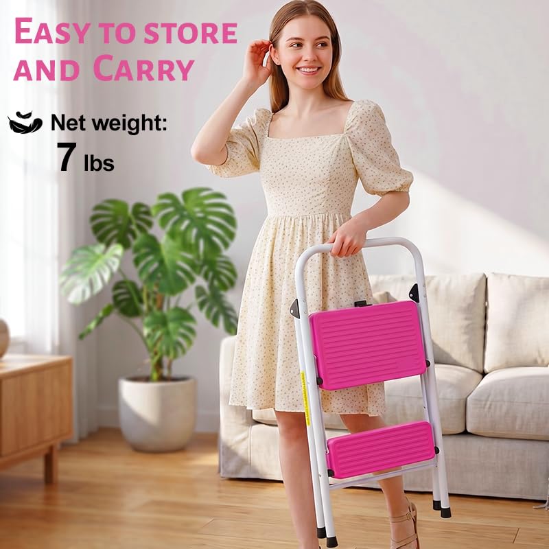 2 Step Stool Folding Anti-Slip Lightweight Steel 330LBS Pink V9092