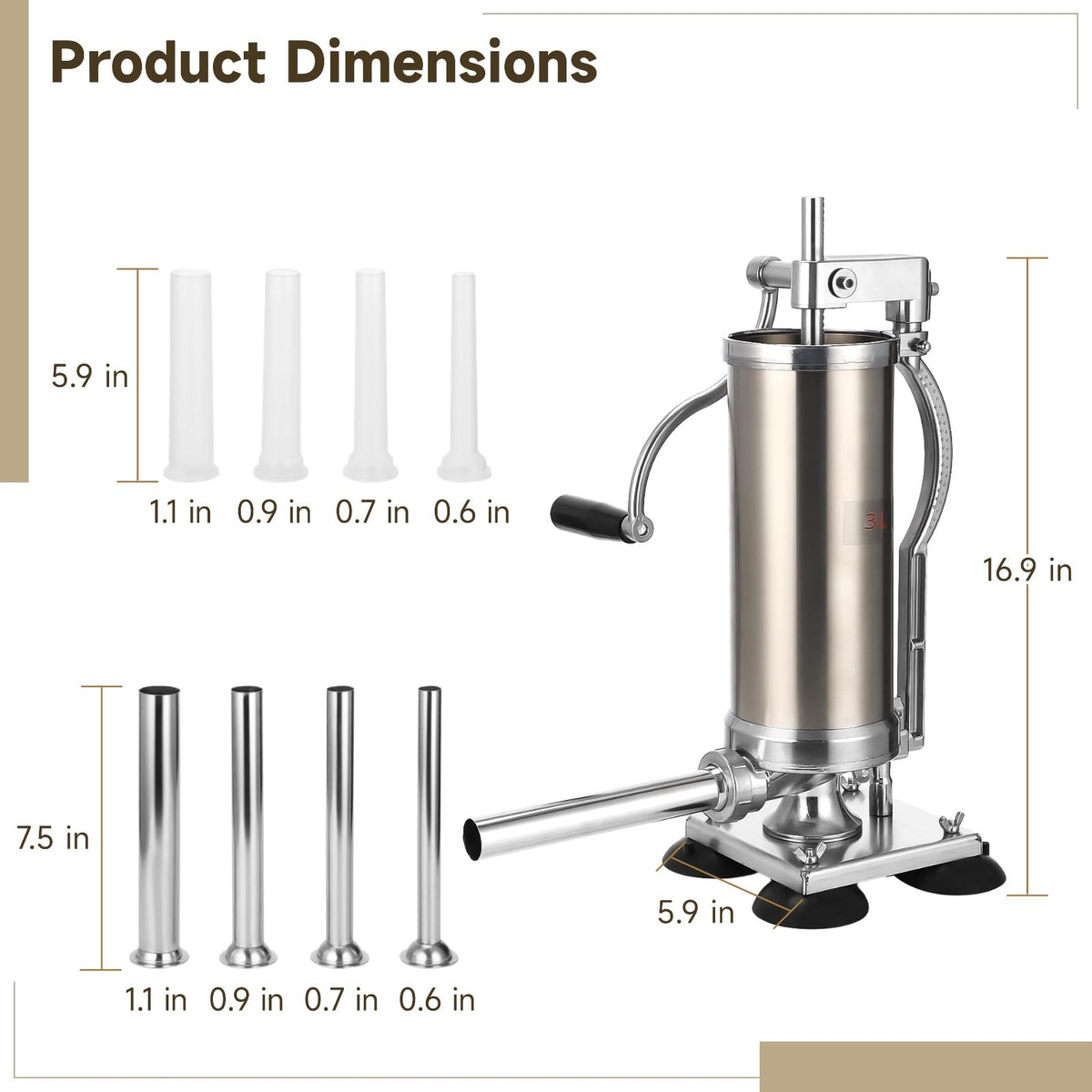 3L Hand Crank Stainless Steel Sausage Stuffer with 8 Tubes F7004