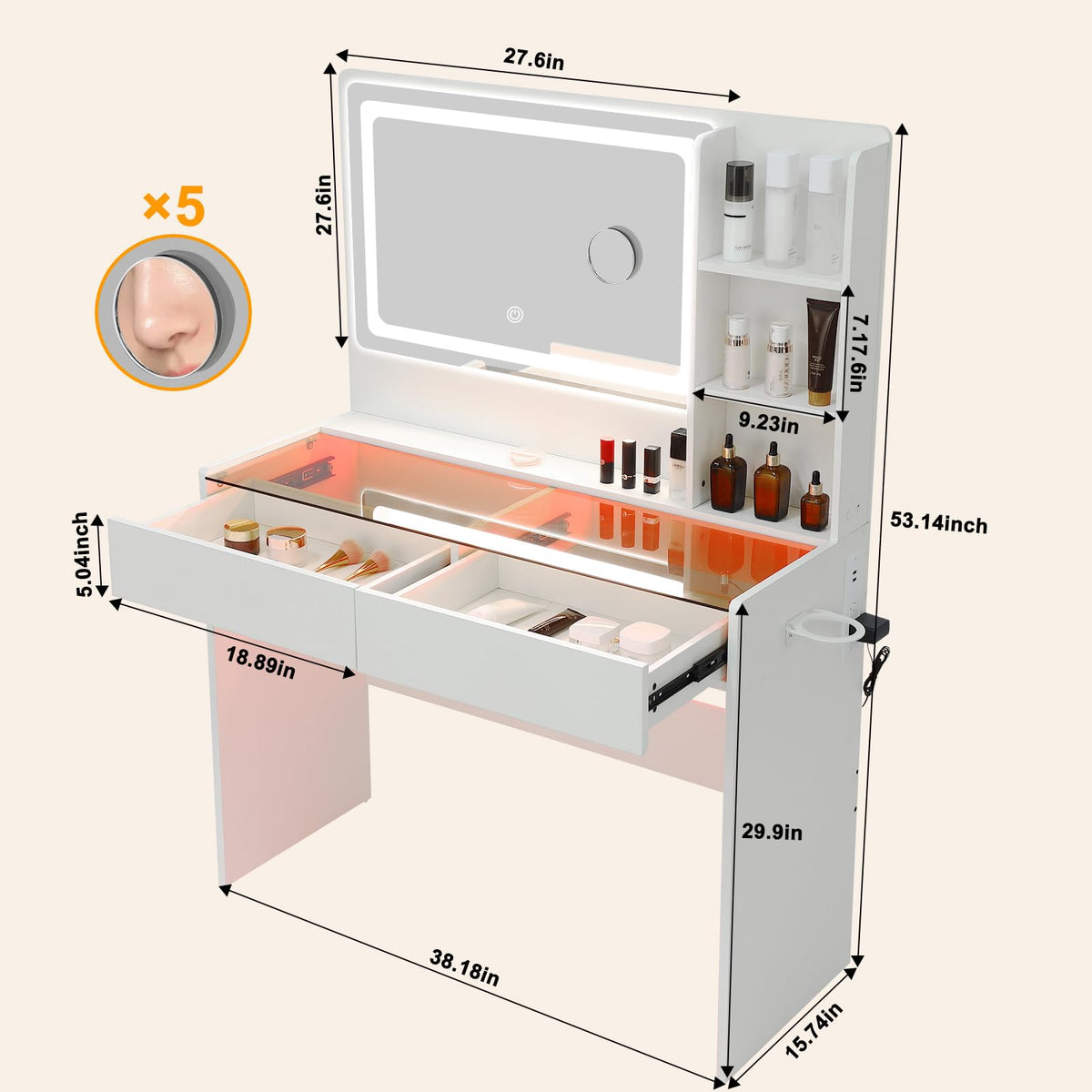 White Makeup Vanity Desk with LED Mirror K89344