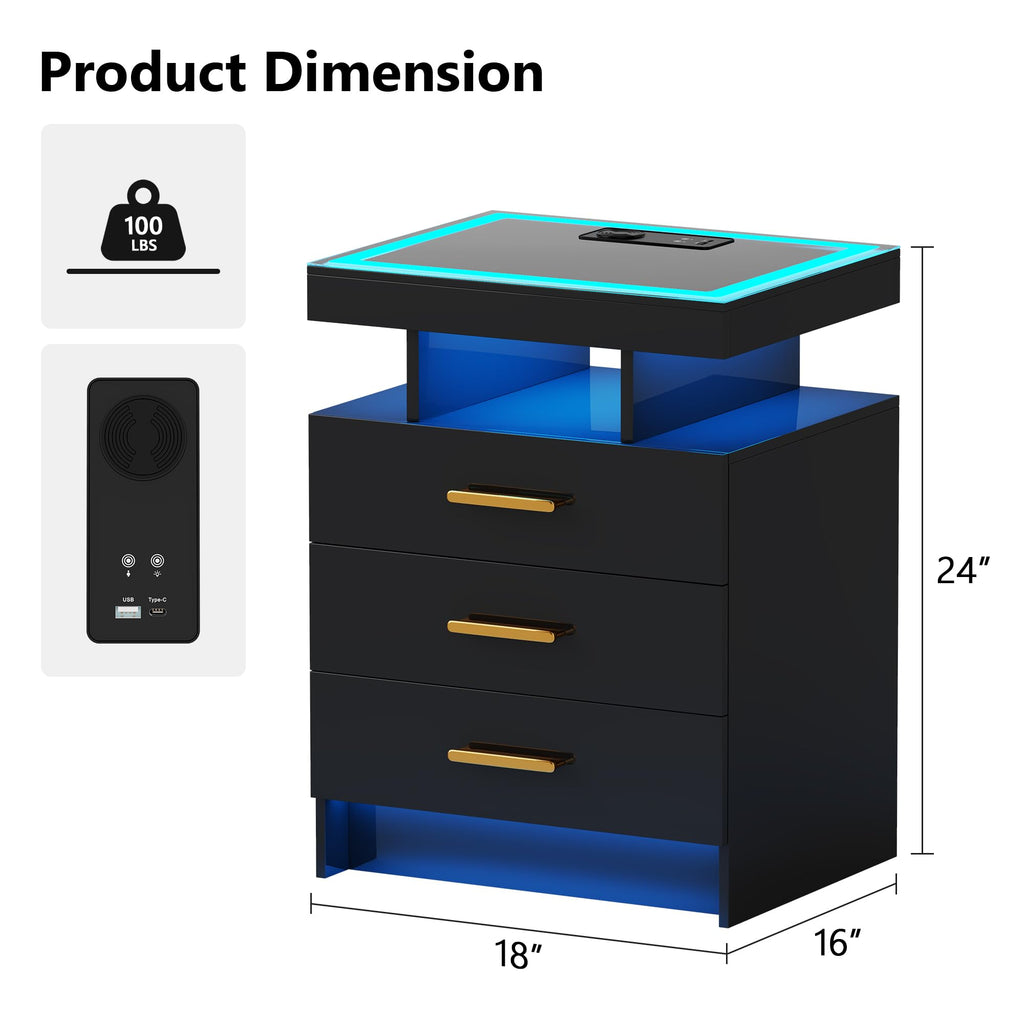 Black 3 Drawer LED Nightstand with Charging Station R143845