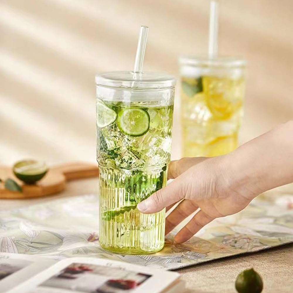 2Pcs 22oz Glass Cups with Lids and Straws D164063