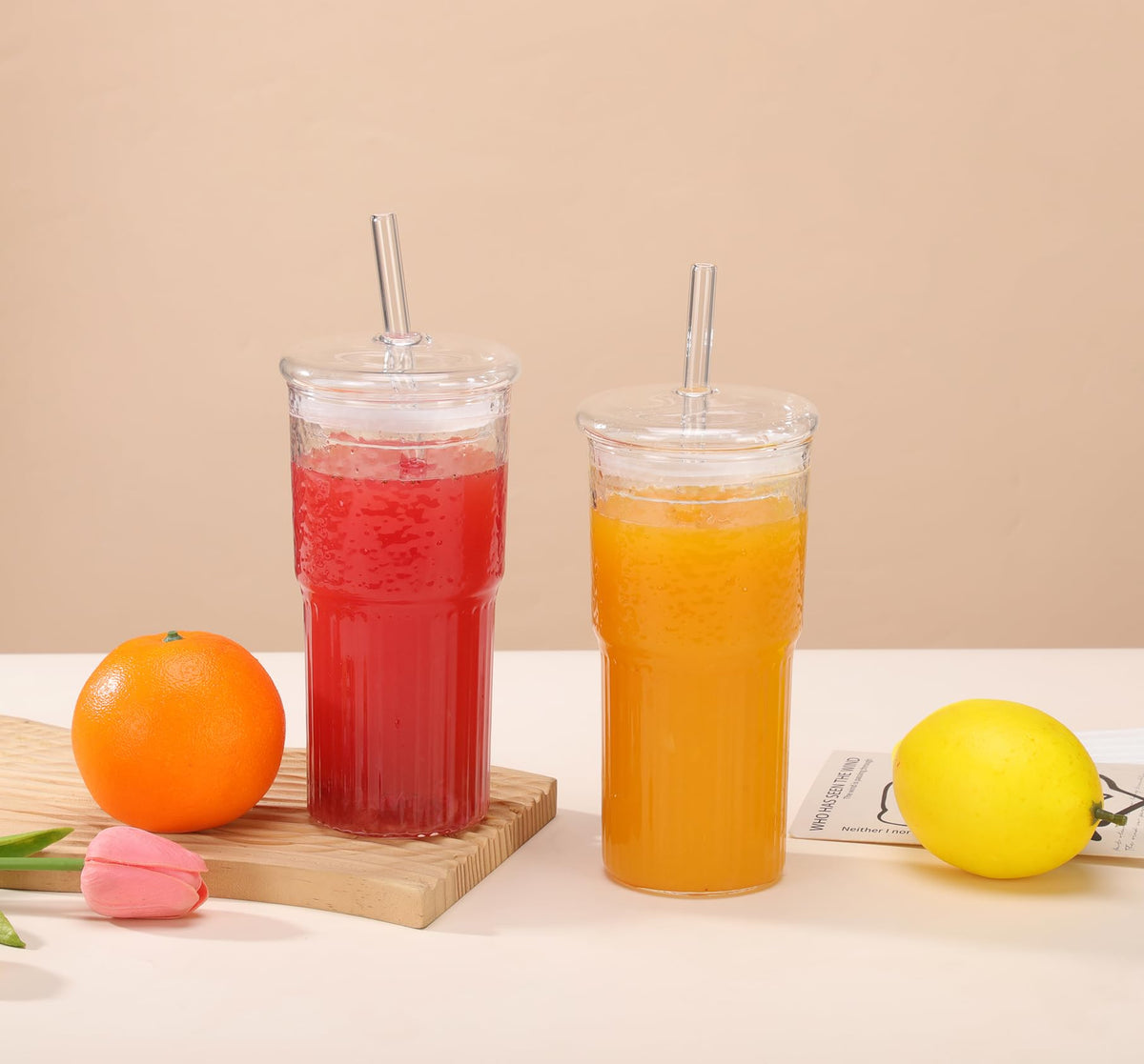 2Pcs 22oz Glass Cups with Lids and Straws D164063