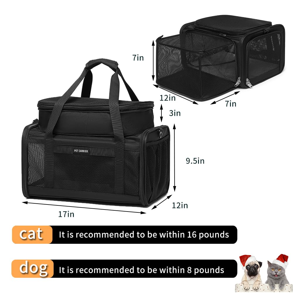 Airline Approved Pet Carrier for Cats and Small Dogs up to 15 lbs, Breathable Mesh, Portable Travel Bag (Black, Expandable) W389