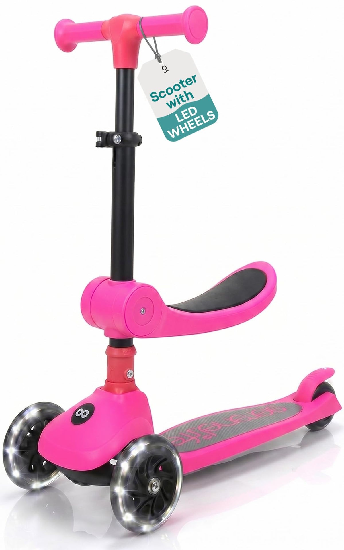 3 Wheel Scooter for Toddlers & Kids, Foldable Seat, LED Wheels, Adjustable Handlebar, Anti-Slip Deck, Rear Foot Brake, Lean-to-Steer, Pink T516