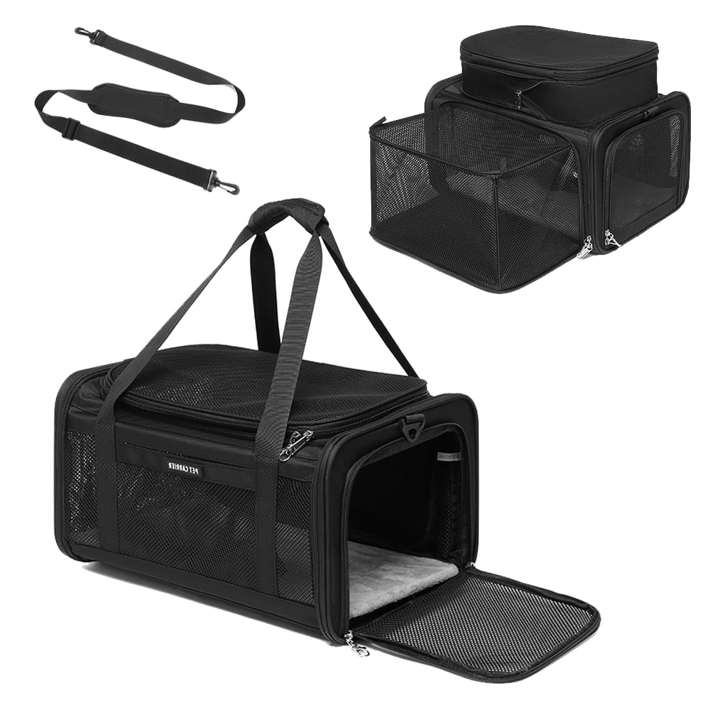Airline Approved Pet Carrier for Cats and Small Dogs up to 15 lbs, Breathable Mesh, Portable Travel Bag (Black, Expandable) W389
