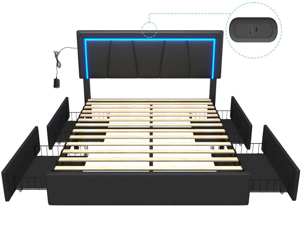Full Size Upholstered Platform Bed Frame with Headboard and 4 Storage Drawers A5817