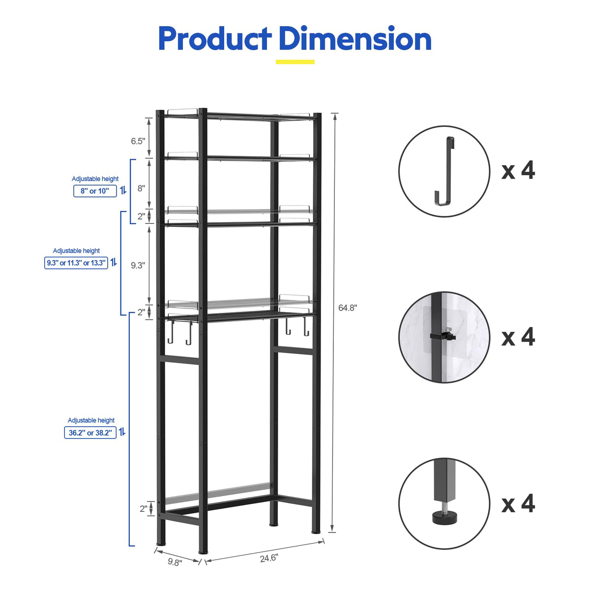 4 Tier Over The Toilet Storage Rack Black Q570716