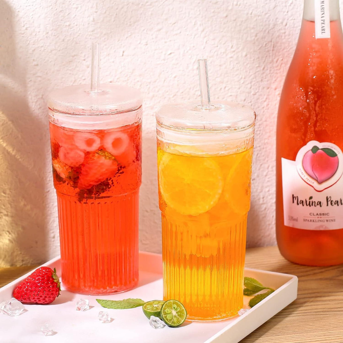 2Pcs 22oz Glass Cups with Lids and Straws D164063