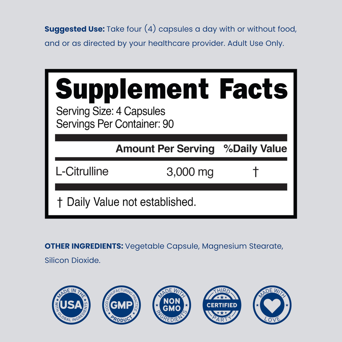 L Citrulline 3000mg 360 Capsules Vegan Non-GMO E166