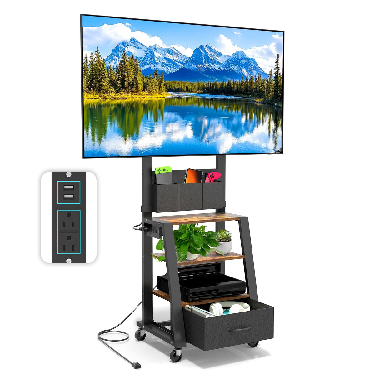 Rolling TV Stand with Power Outlet & 4-Tier Storage for 23-60 Inch Flat/Curved Screen T925