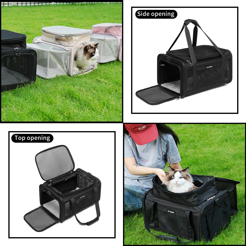 Airline Approved Pet Carrier for Cats and Small Dogs up to 15 lbs, Breathable Mesh, Portable Travel Bag (Black, Expandable) W389