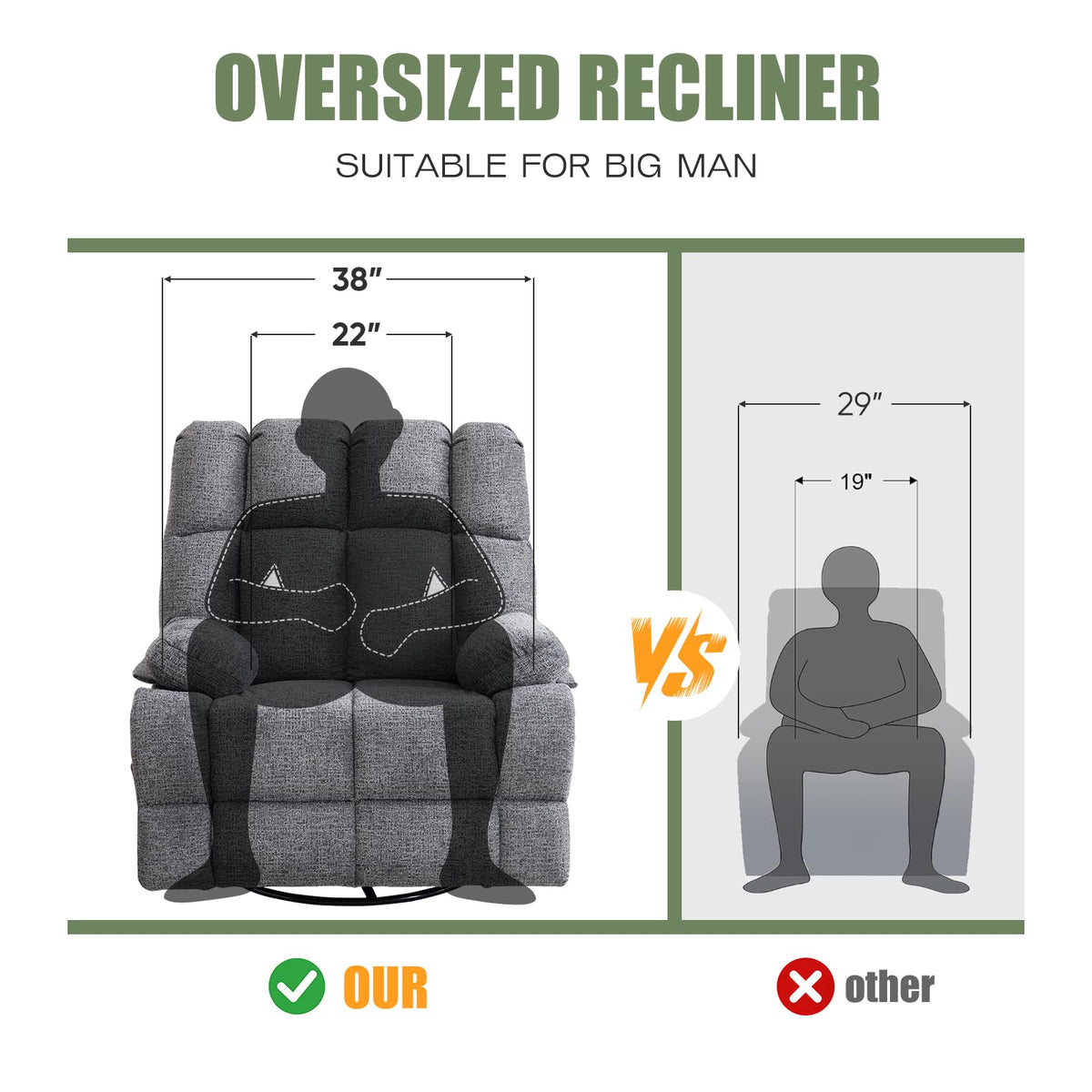 Oversized Chenille Grey Swivel Rocker Recliner S93006