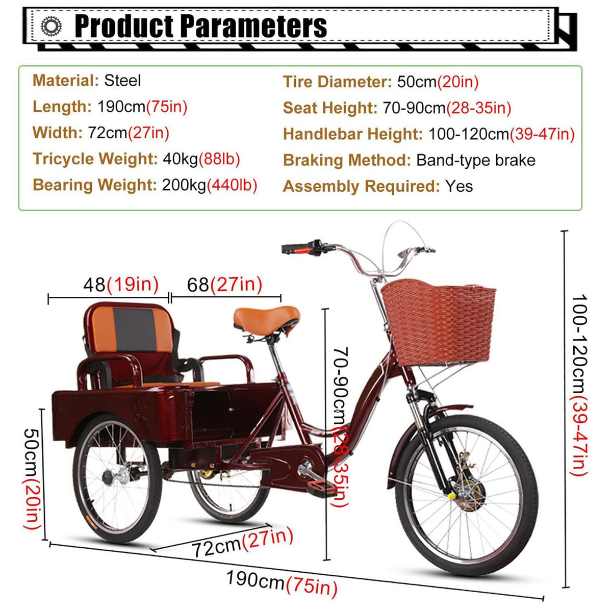 20 Inch 3-Wheel Electric Tricycle with Front Basket & Cargo Carrier U82634
