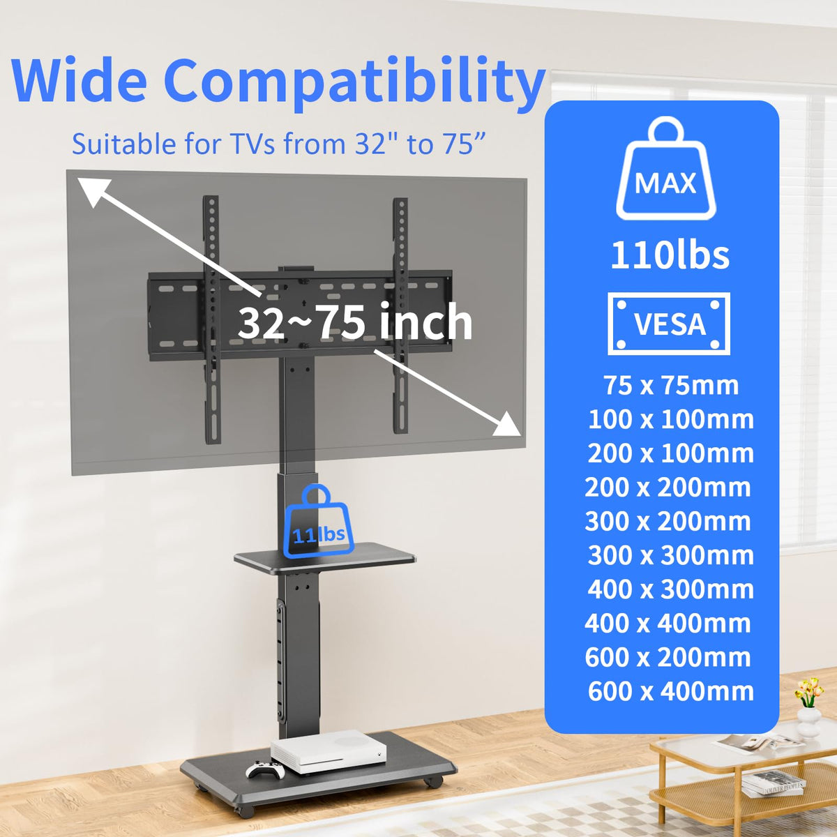Height Adjustable Rolling TV Stand with Shelf Y404