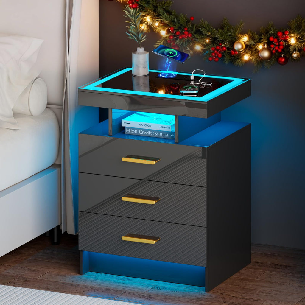 Black 3 Drawer LED Nightstand with Charging Station R143845