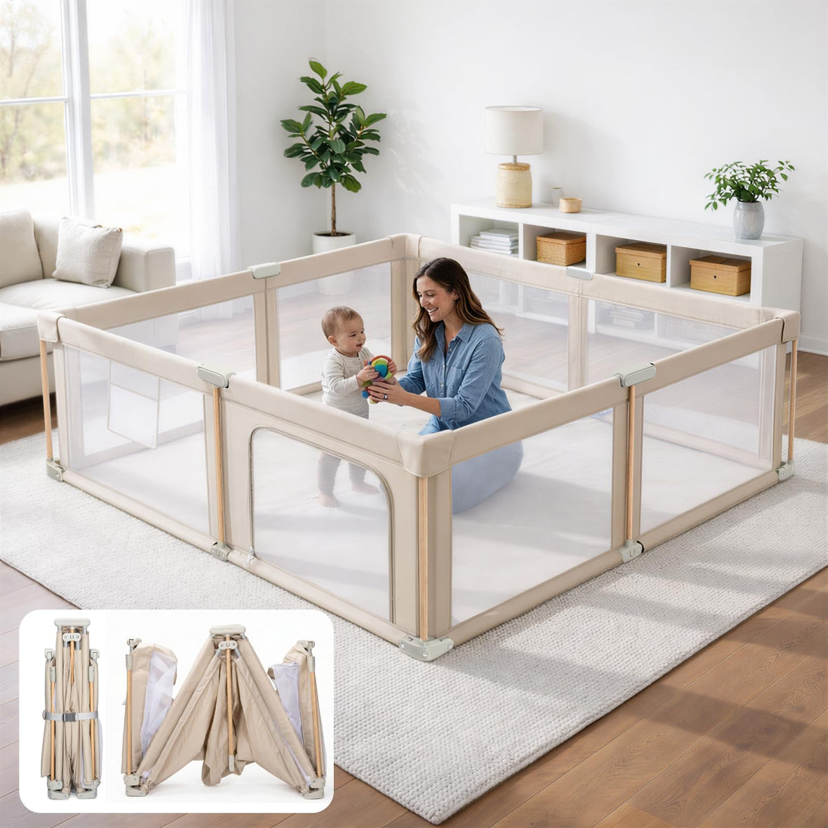 Foldable Baby Playpen with Mat, Mesh and Storage Bag O4803