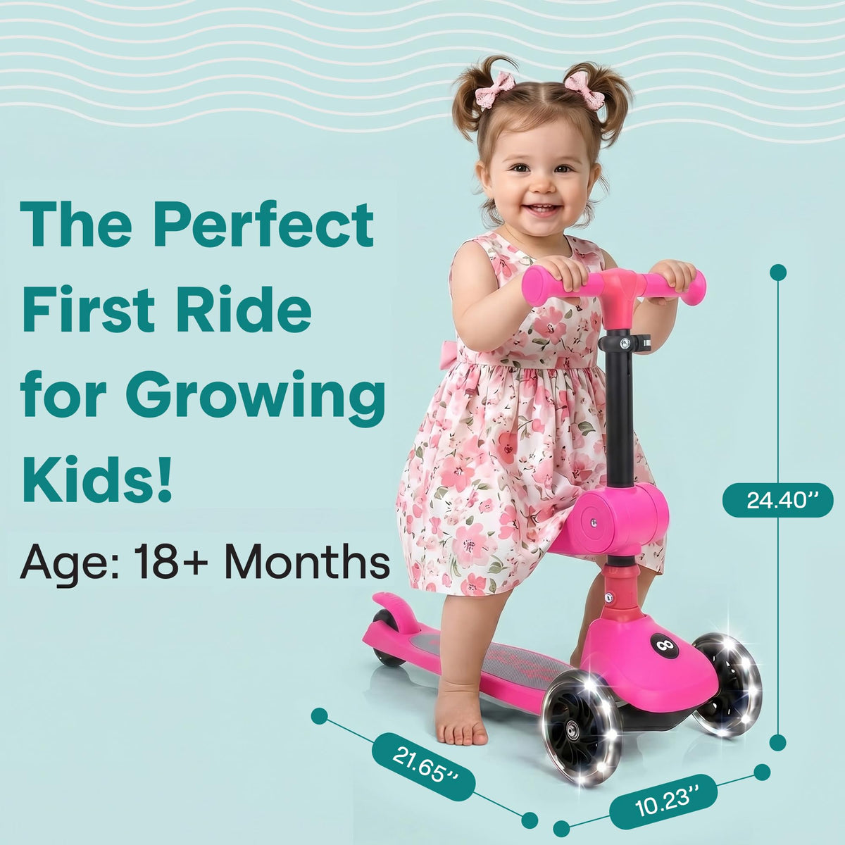3 Wheel Scooter for Toddlers & Kids, Foldable Seat, LED Wheels, Adjustable Handlebar, Anti-Slip Deck, Rear Foot Brake, Lean-to-Steer, Pink T516