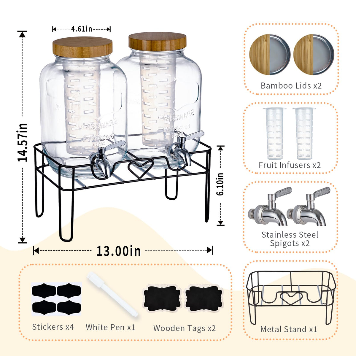 2 Pack 1 Gallon Glass Drink Dispenser with Stand and Fruit Infuser M7736