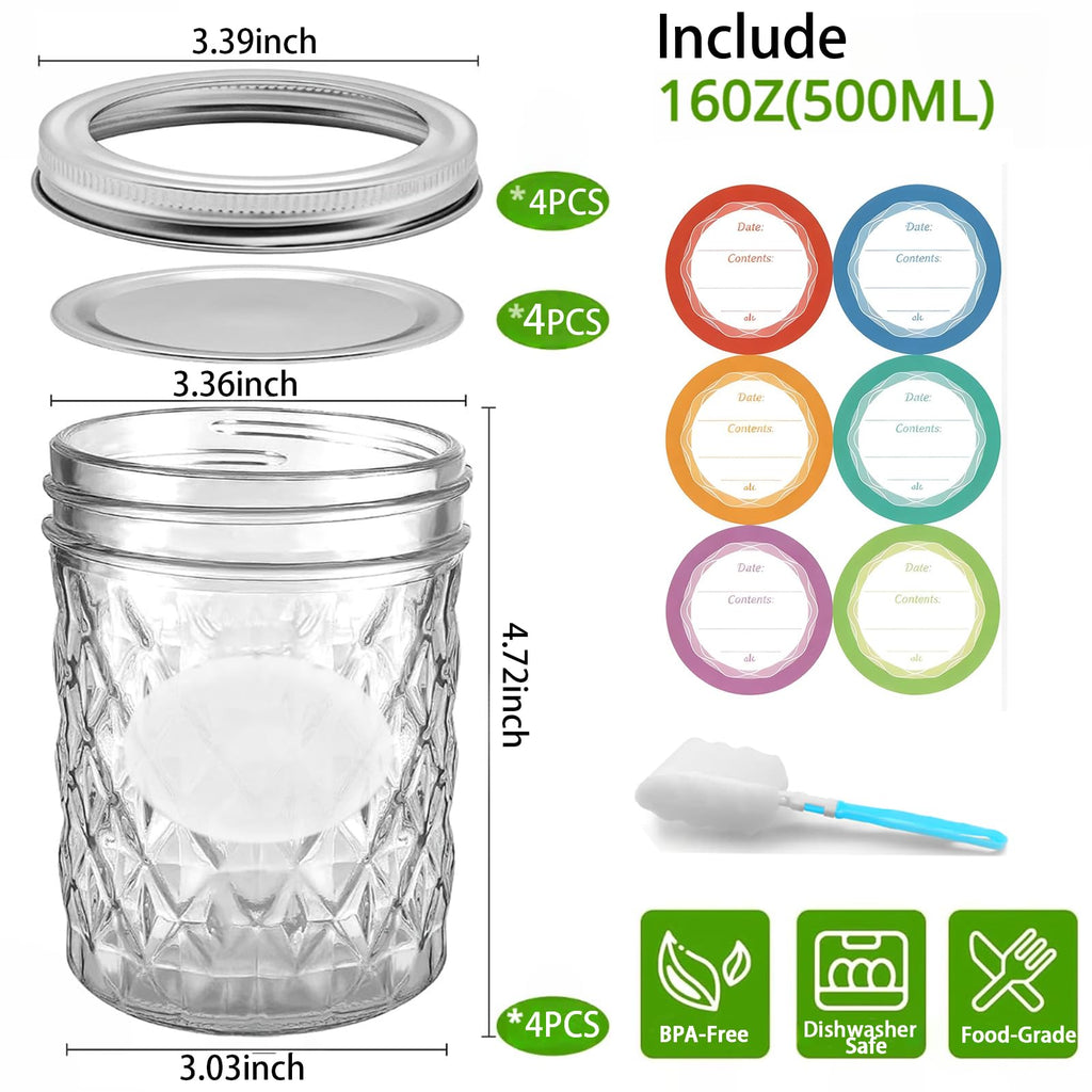 16 oz Wide Mouth Glass Mason Jars with Lids, 4 Pack I913