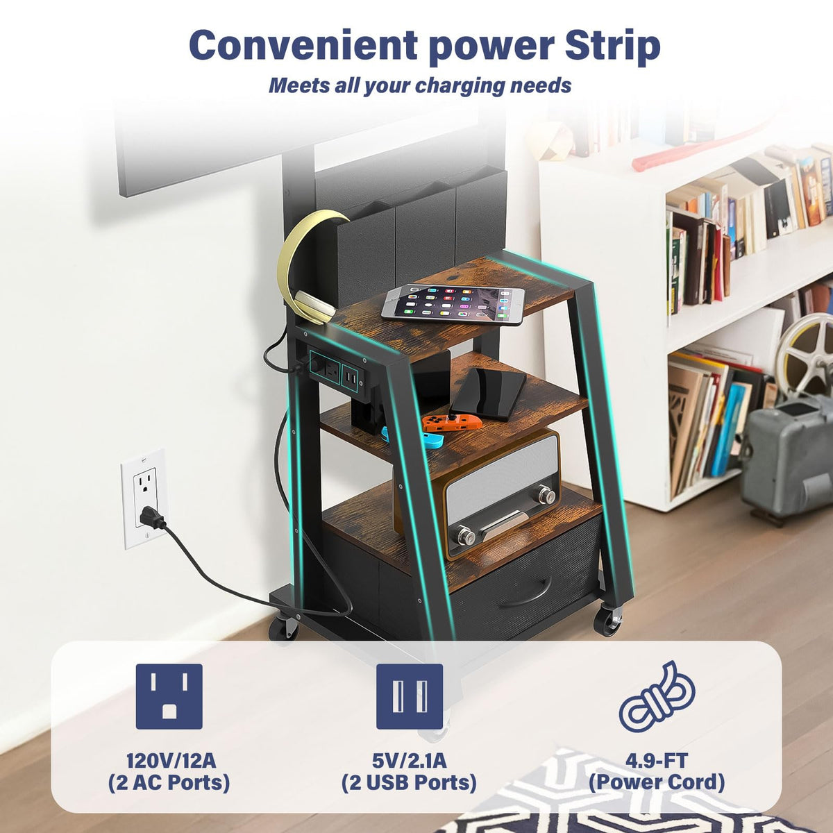 Rolling TV Stand with Power Outlet & 4-Tier Storage for 23-60 Inch Flat/Curved Screen T925