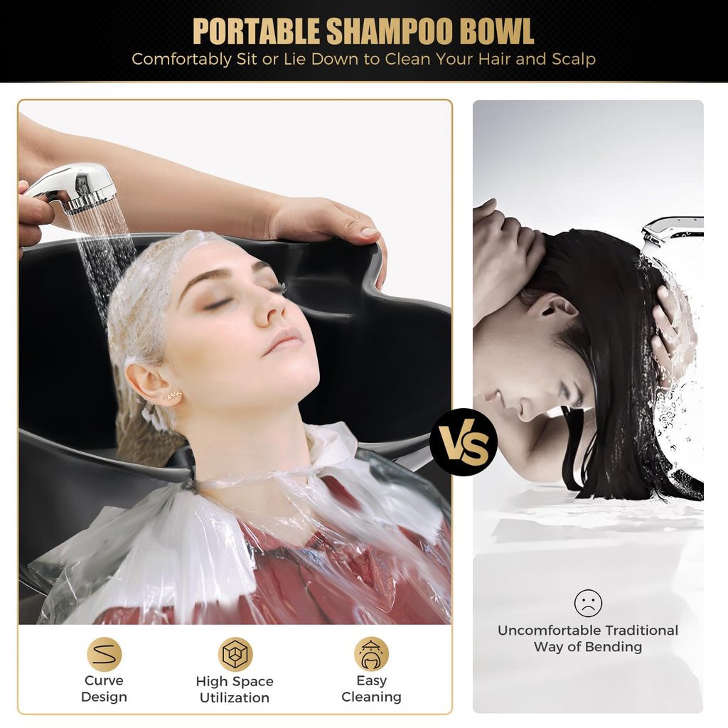 Portable Shampoo Bowl with Dual Buckets, Adjustable Height, Electric Pump, Foot Pedal Control, Black U16856