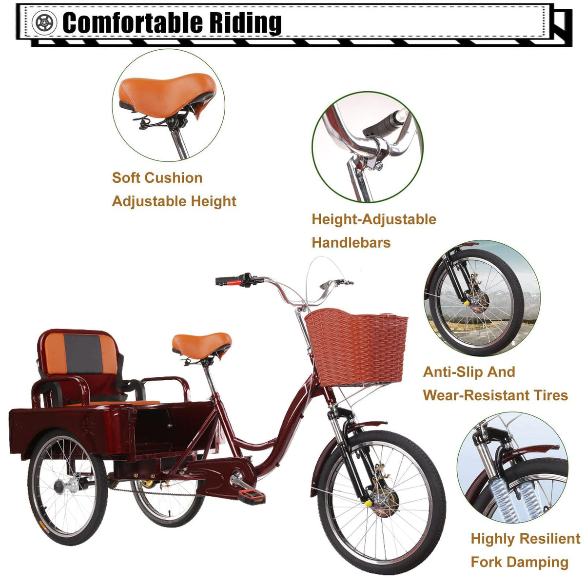 20 Inch 3-Wheel Electric Tricycle with Front Basket & Cargo Carrier U82634