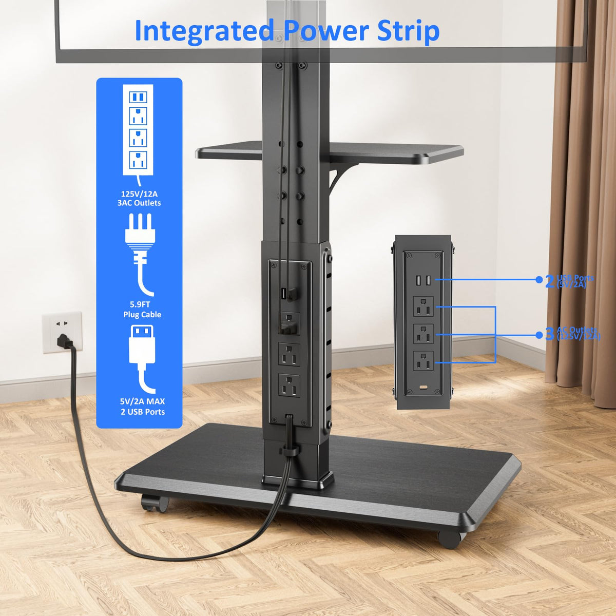 Height Adjustable Rolling TV Stand with Shelf Y404