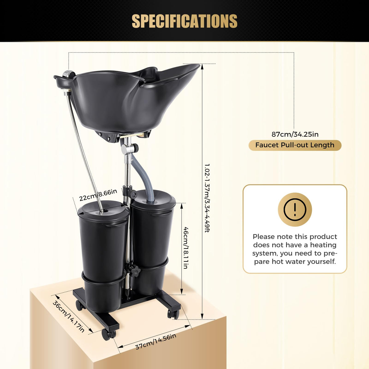 Portable Shampoo Bowl with Dual Buckets, Adjustable Height, Electric Pump, Foot Pedal Control, Black U16856