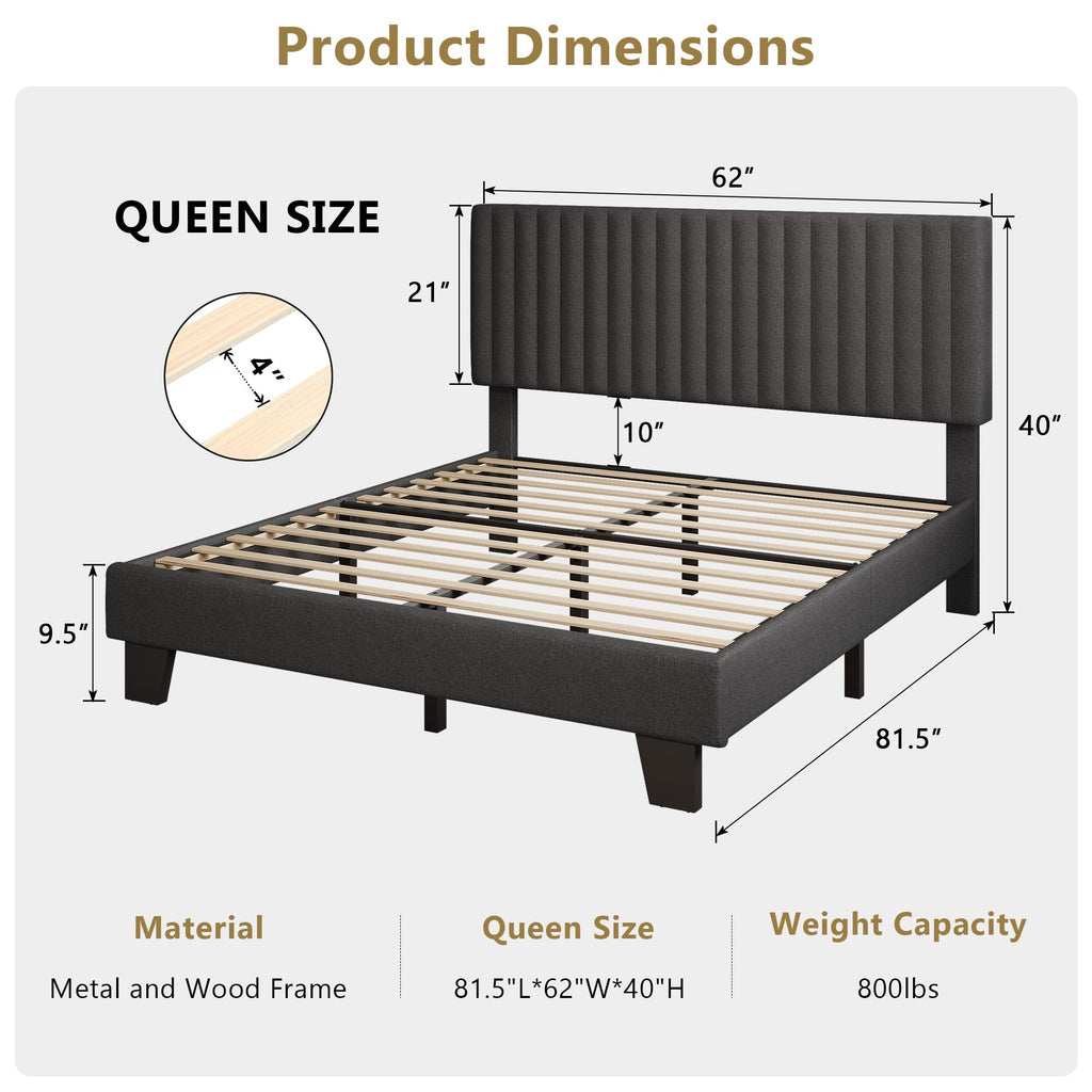 Queen Size Upholstered Platform Bed with Linen Headboard E12858