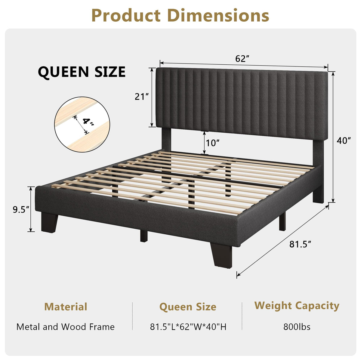 Queen Size Upholstered Platform Bed with Linen Headboard E12858
