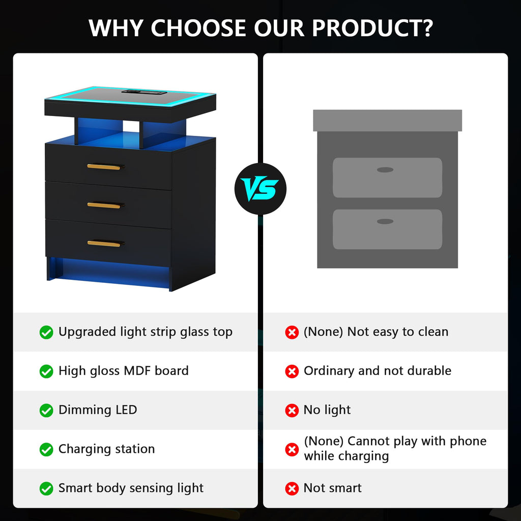 Black 3 Drawer LED Nightstand with Charging Station R143845
