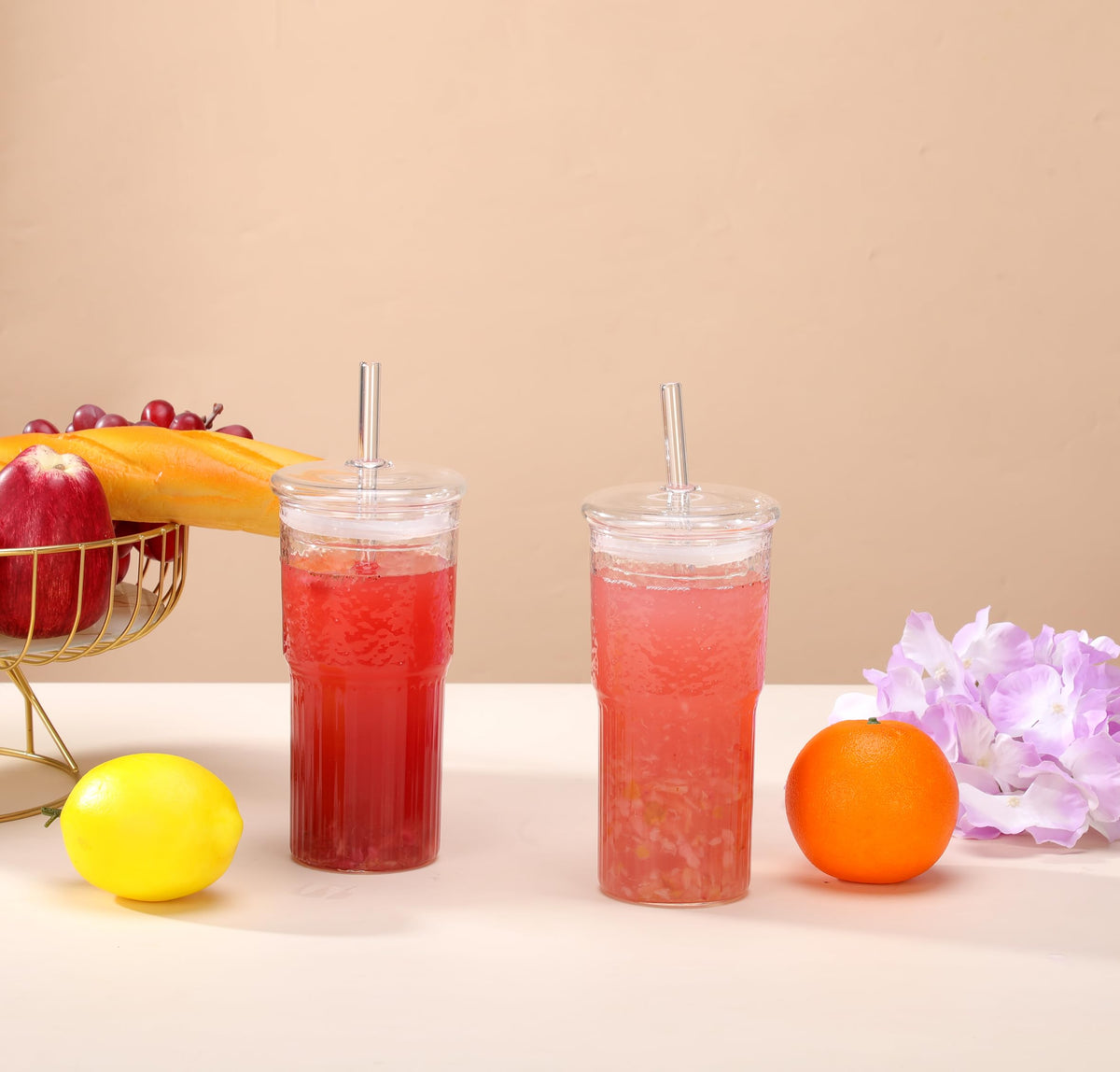 2Pcs 22oz Glass Cups with Lids and Straws D164063