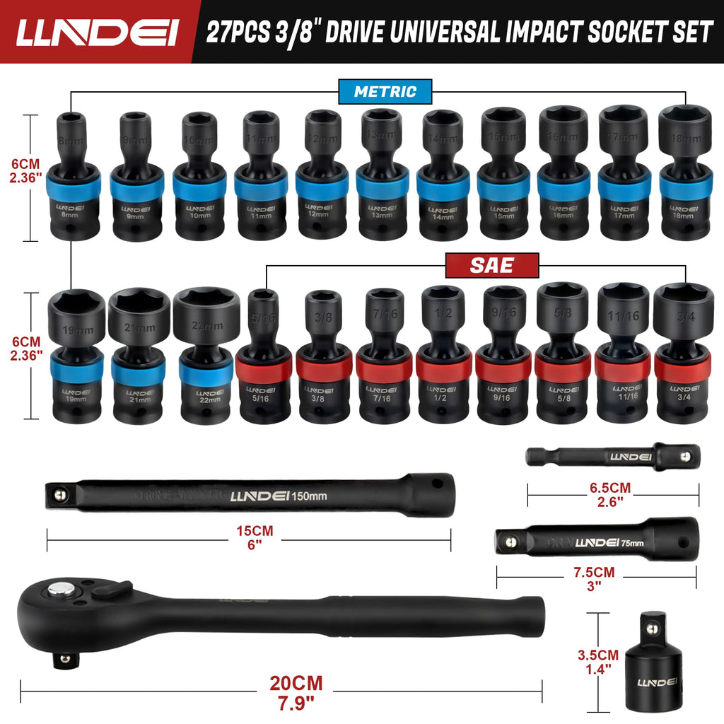 27Pcs 3/8" Impact Swivel Socket Set, Metric & SAE K27276