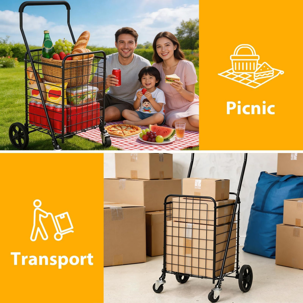Grocery Shopping Cart with Swivel Wheels, Collapsible Utility Cart M7518