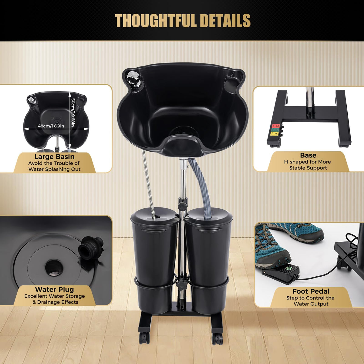 Portable Shampoo Bowl with Dual Buckets, Adjustable Height, Electric Pump, Foot Pedal Control, Black U16856