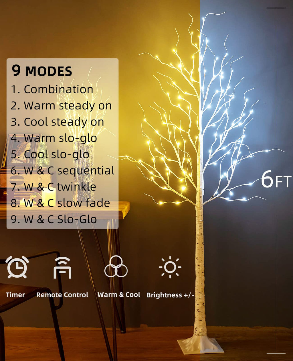 6ft 96LED Lighted Artificial Birch Tree with 9 Modes Timer X742