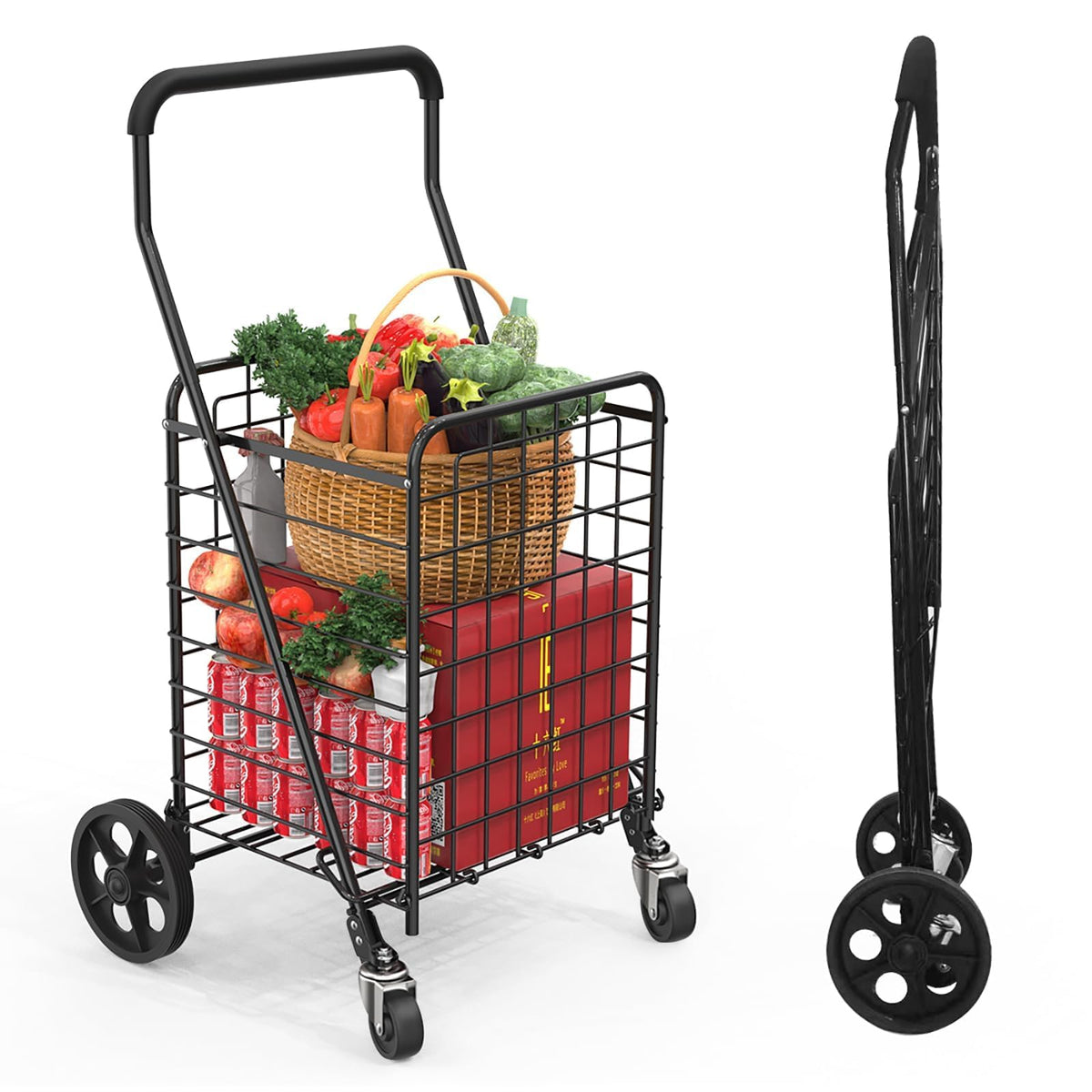 Grocery Shopping Cart with Swivel Wheels, Collapsible Utility Cart M7518