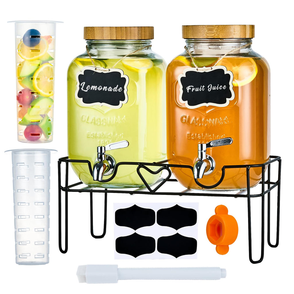 2 Pack 1 Gallon Glass Drink Dispenser with Stand and Fruit Infuser M7736