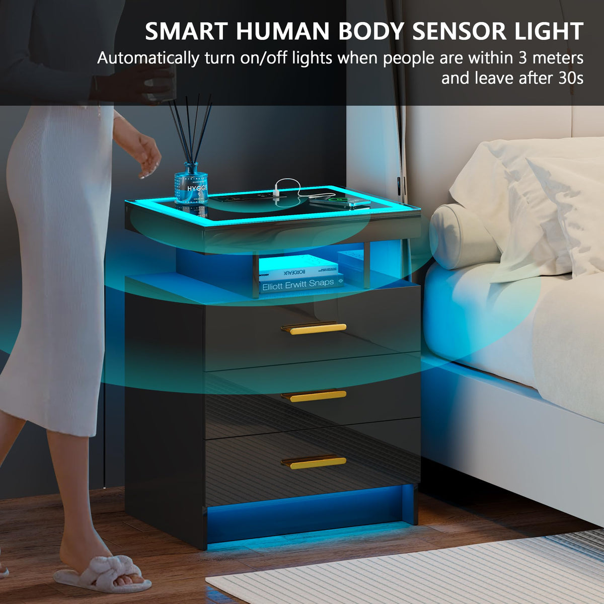 Black 3 Drawer LED Nightstand with Charging Station R143845